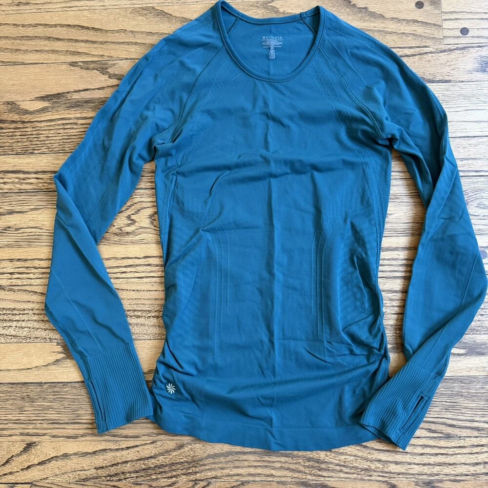 Athleta Momentum Seamless Long Sleeve Running Top XS Deep Teal Blue Layering